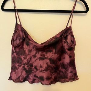 Wine colored tie dye satin cropped cami with cowl neck
